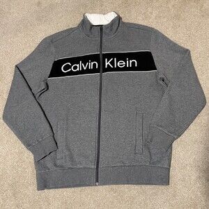 Calvin Klein Mens Graphic Sweatshirt Full Zip Soft Touch Fleece Gray Black, Sz L